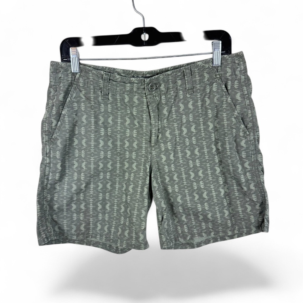 Eddie Bauer Women 8 Chino Shorts Olive Green Geometric Ikat Print Cotton Stretch